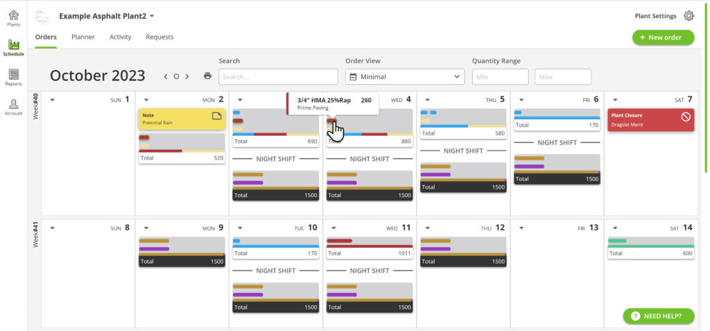 Asphalt software paving and plant calendar minimal view daily order