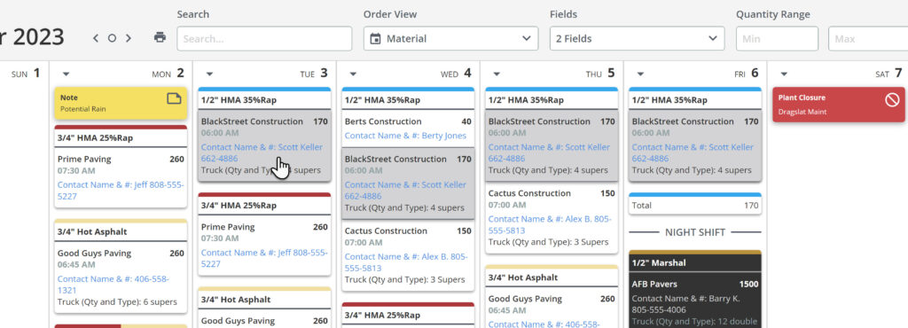 paving orders over multiple days for sales from an asphalt plant