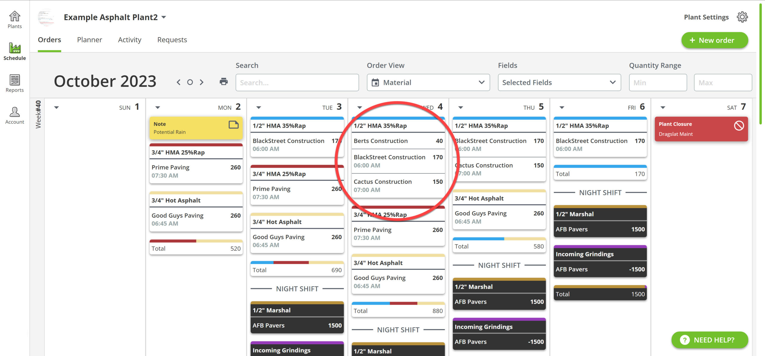 the material view of PlantDemand's online asphalt software tool