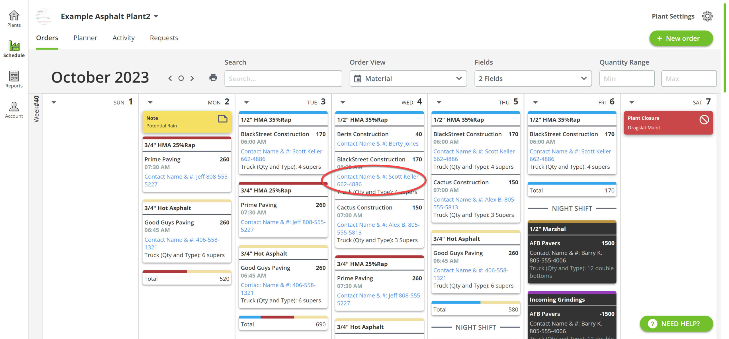 customize colors of important order form fields for paving planning and plant scheduling of asphalt