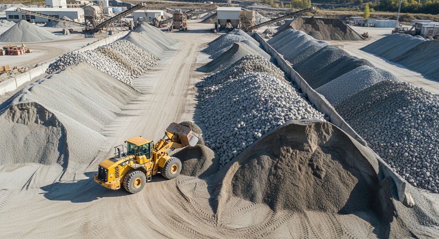 Large aggregate stockpiles at a quarry with different sized gravel and crushed stone for inventory tracking