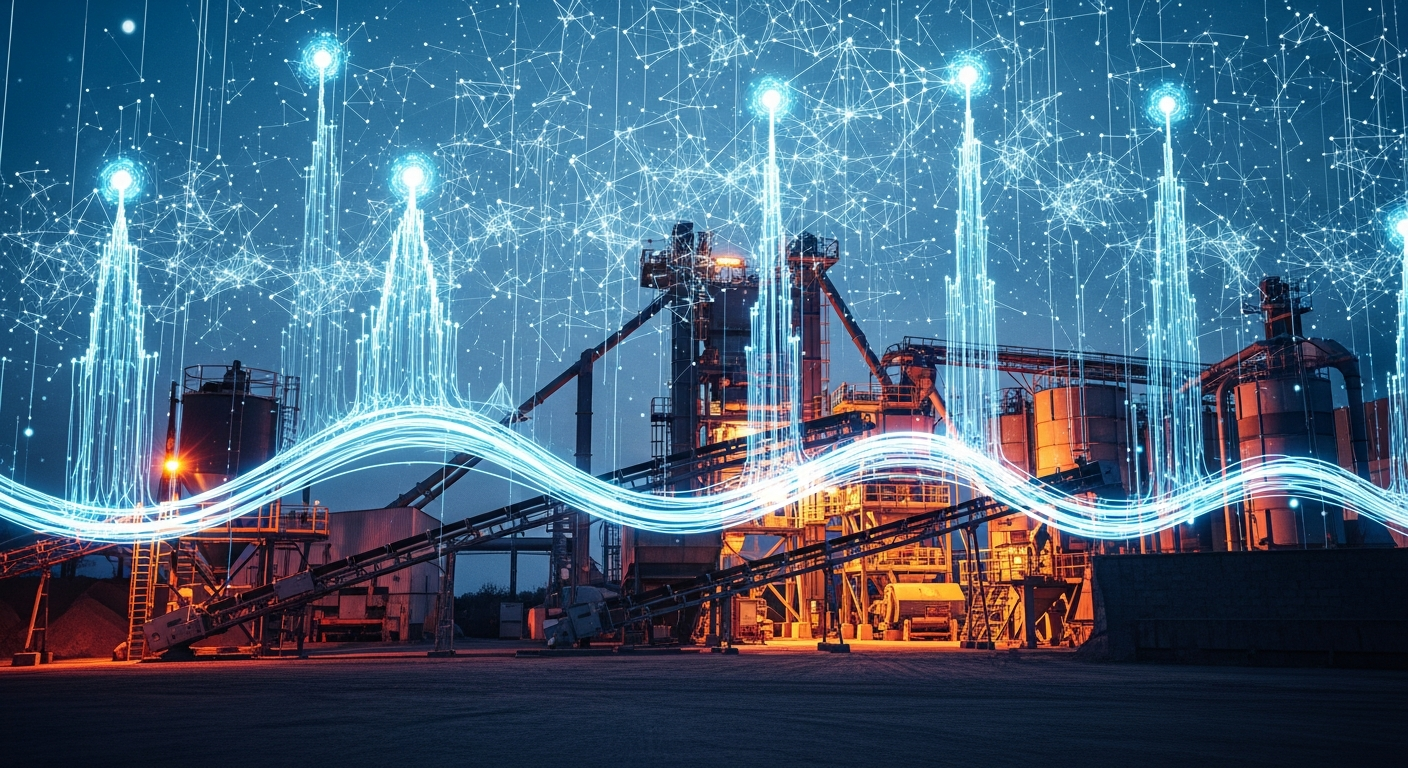 Artificial intelligence visualization overlaid on asphalt plant facility representing AI-powered scheduling