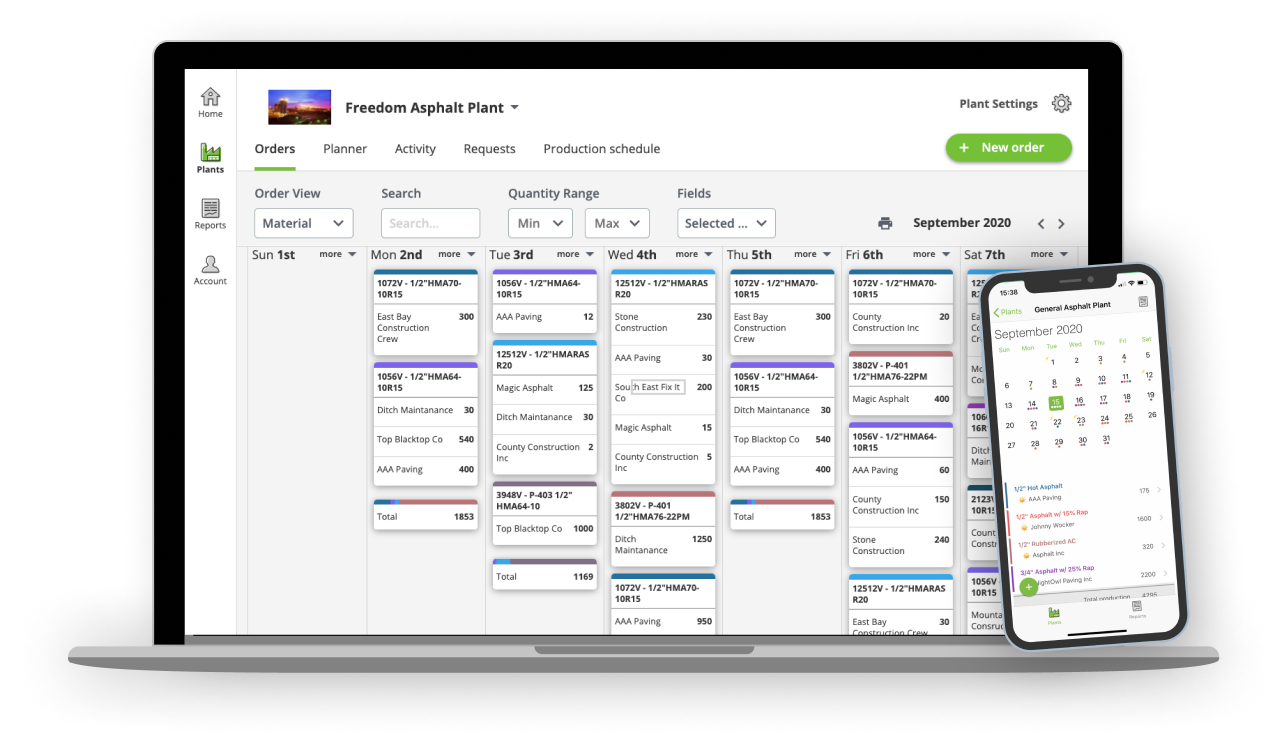 Asphalt AI software dashboard: PlantDemand demand forecasting and scheduling shown on laptop and mobile for an asphalt plant manager evaluating Asphalt AI tools.