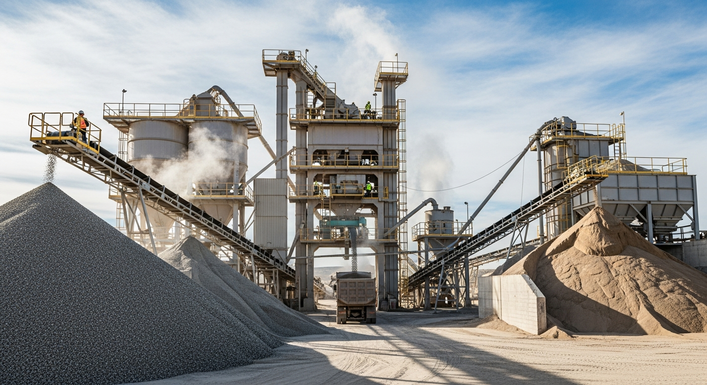 Industrial asphalt batch plant with conveyor belts, aggregate bins, and production equipment in operation