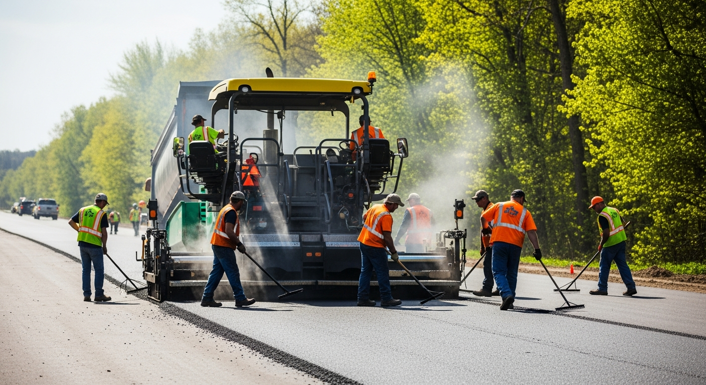 Asphalt paving crew laying fresh pavement during spring paving season with modern equipment