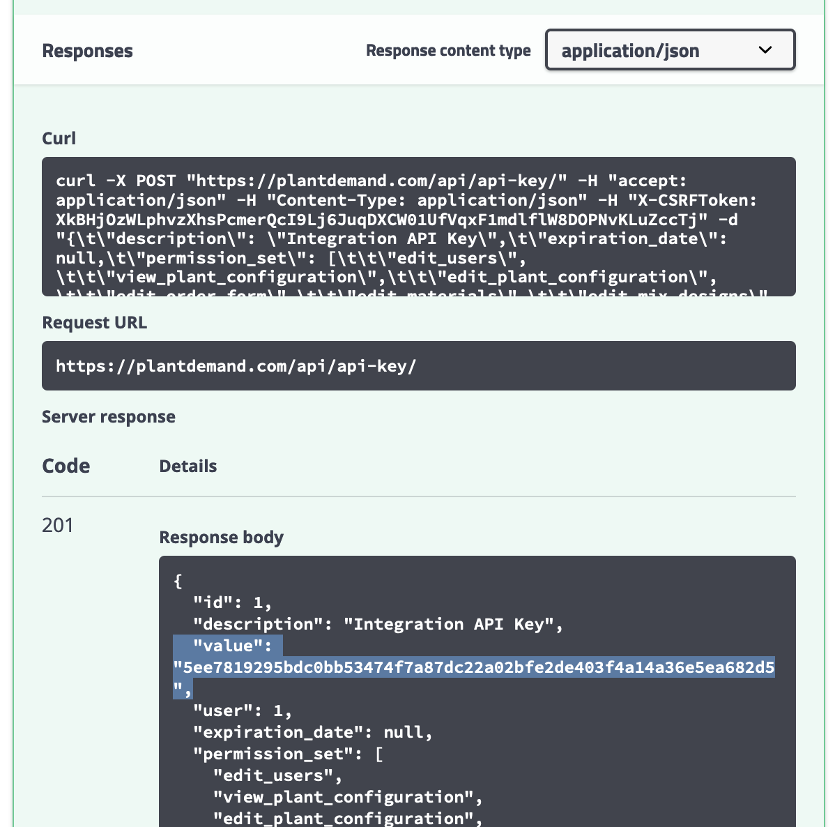 Swagger server response panel showing HTTP 201 response with id, description, value (highlighted API key), user, expiration_date and permission_set fields