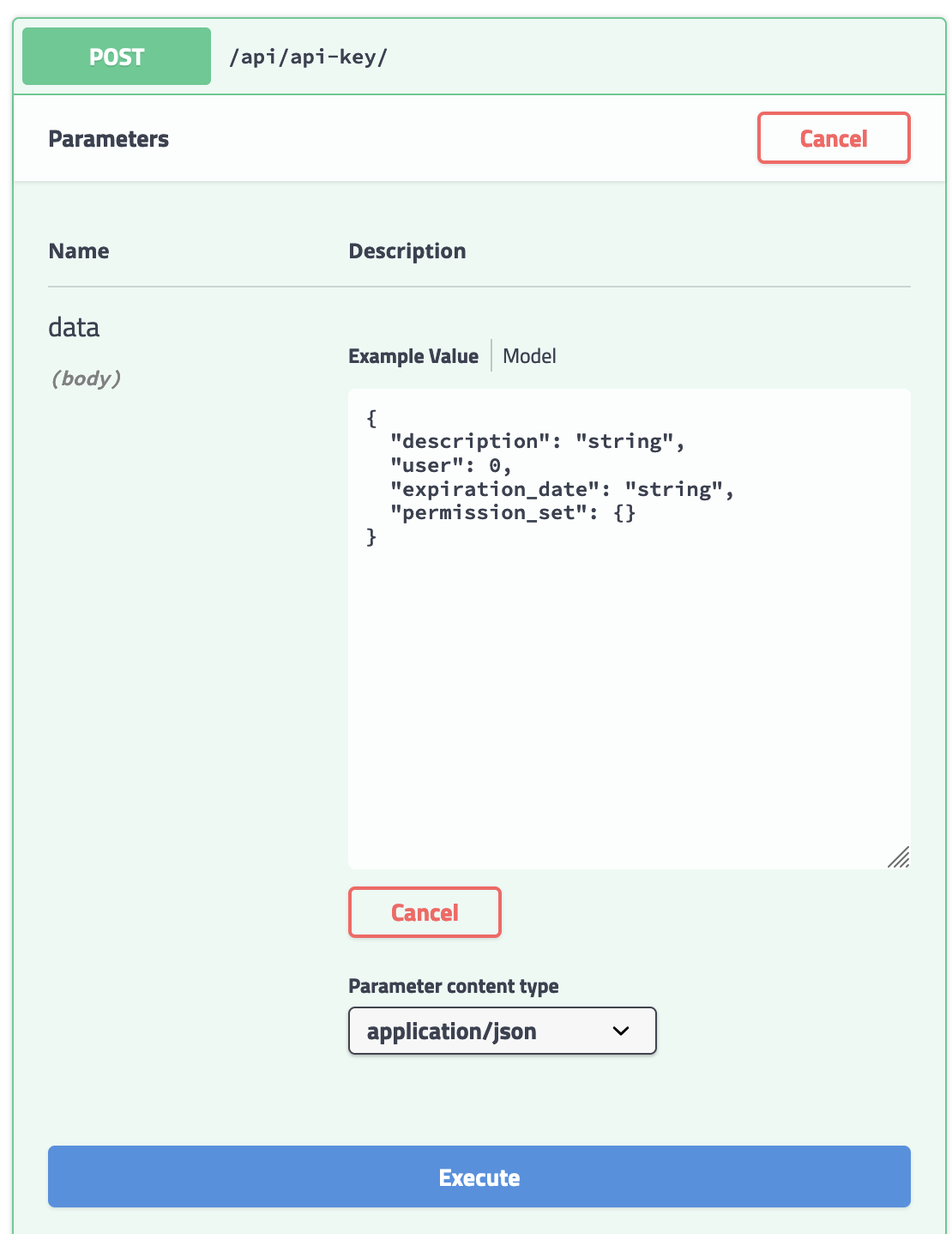 Swagger Try it out form for POST /api/api-key showing the request body with description, user, expiration_date and permission_set fields and the green Execute button