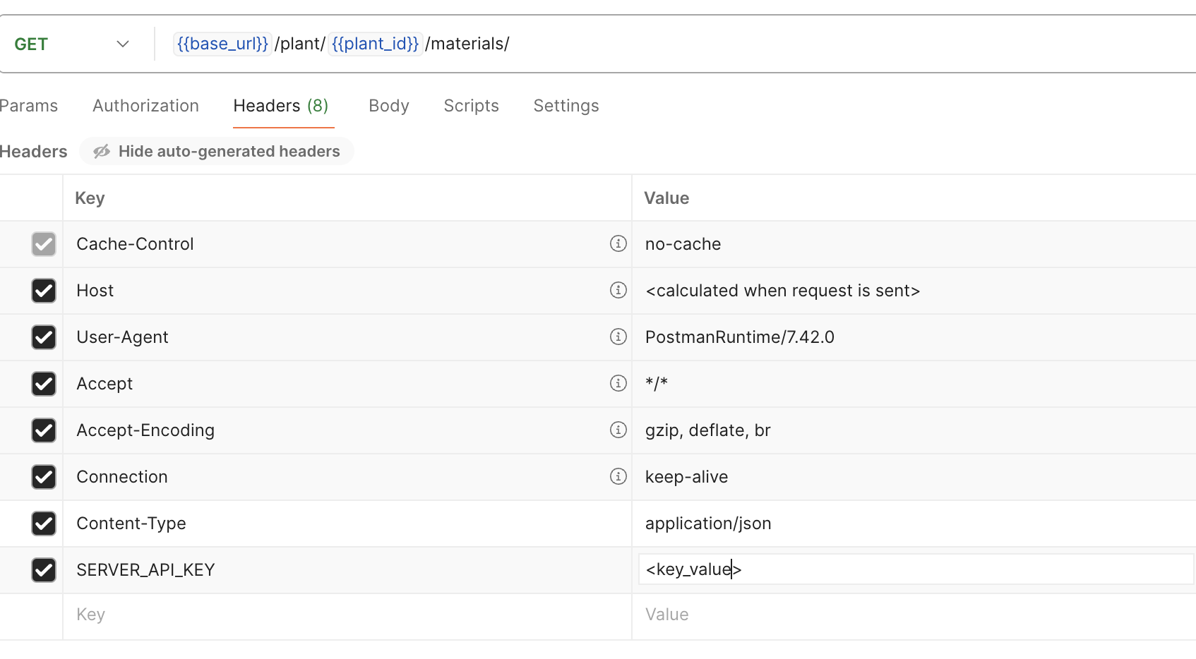 Postman headers panel showing eight headers including SERVER_API_KEY set to the API key value, used to authenticate requests to the PlantDemand REST API