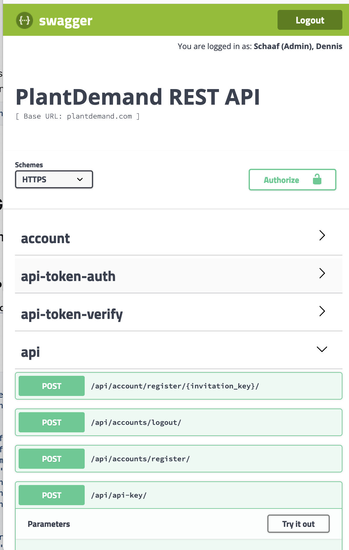 The PlantDemand Swagger API Manager landing page showing the REST API base URL, the Authorize button, and the account, api-token-auth, api-token-verify and api endpoint groups